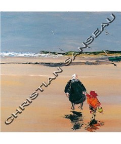 Carte Christian SANSEAU Mamy et l'enfant sur la plage 14x14cm
